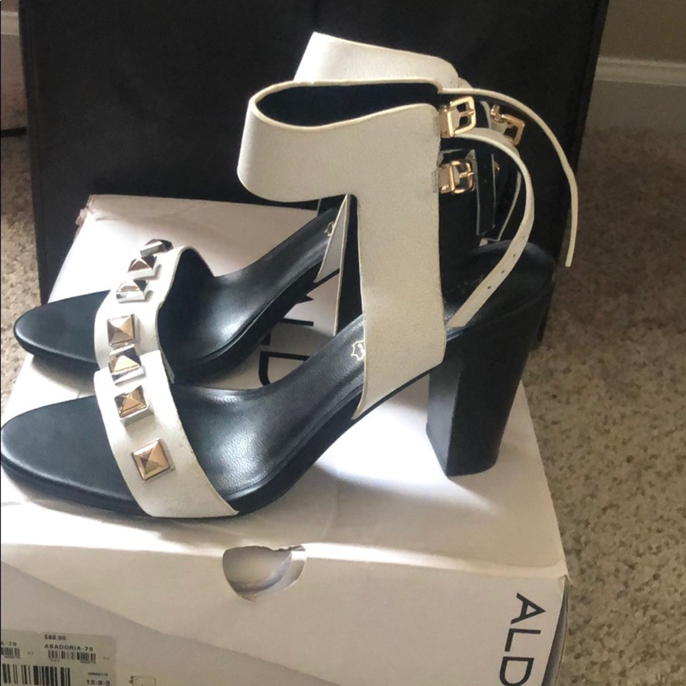 A L D O white sandals with gold studs